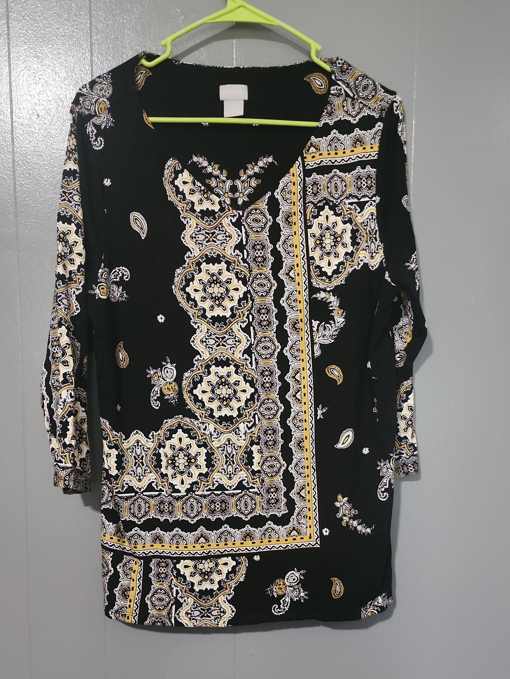 Chico's Black Top with White Print and Neon Yellow Accent